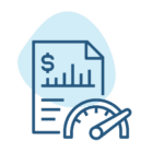 Icon of a document with a dollar symbol and bar chart, alongside a speedometer gauge, representing financial performance or metrics tracking.