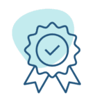 Icon of a ribbon with a checkmark, representing quality assurance, certification, or achievement.