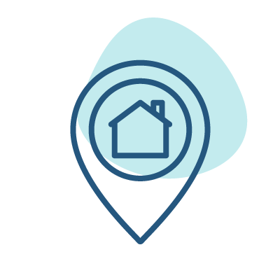 Simple blue line icon of a home inside a map pin marker overlaid with a light blue circular background accent.