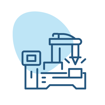 Simple blue line icon depicting an industrial manufacturing machine, with a blue circular accent in the background.