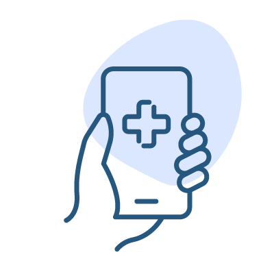 Simple blue line icon of a hand holding a smartphone with a medical cross symbol, overlaid with a light blue circular background accent.