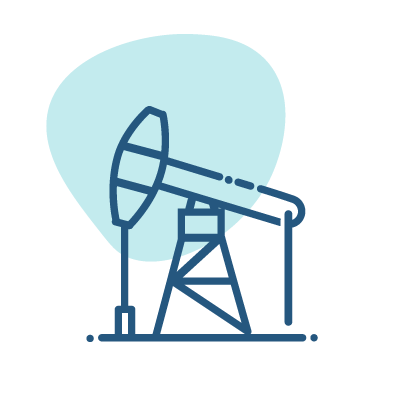 Simple blue line icon of an oil pumpjack overlaid with a light blue circular background accent.