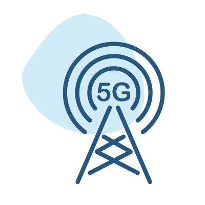 Blue line icon of a 5G cellular tower with signal waves, overlaid with a light blue circular background accent.