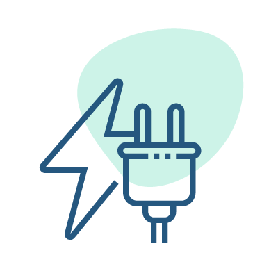 Blue line icon of an electric plug and lightning bolt, symbolizing power or energy, overlaid with a green circular background accent.