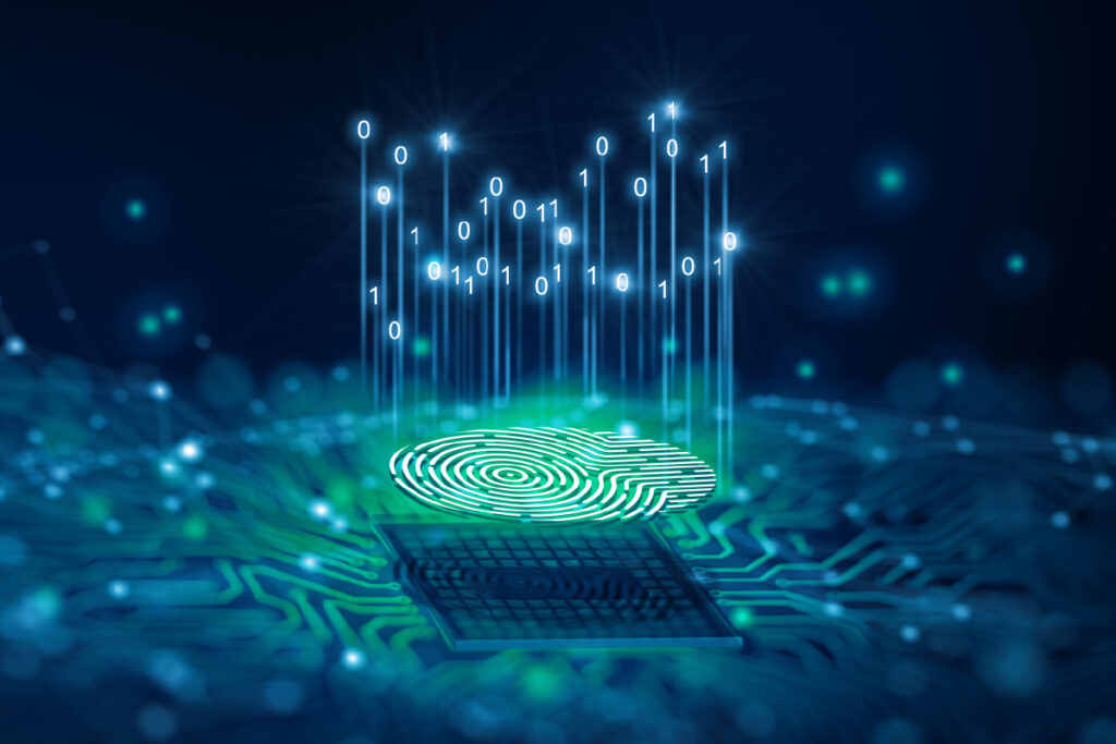 Biometric Authentication: A digital fingerprint with binary code (1s and 0s) rising above it, symbolizing data security, identity verification, and cybersecurity.