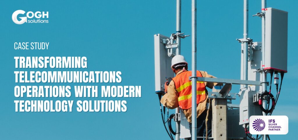 Case Study: Transforming Telecommunications Operations with Modern Technology Solutions. The image features a worker in a hard hat and safety vest working on telecommunications equipment.