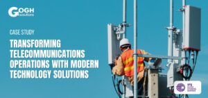 Case Study: Transforming Telecommunications Operations with Modern Technology Solutions. The image features a worker in a hard hat and safety vest working on telecommunications equipment.