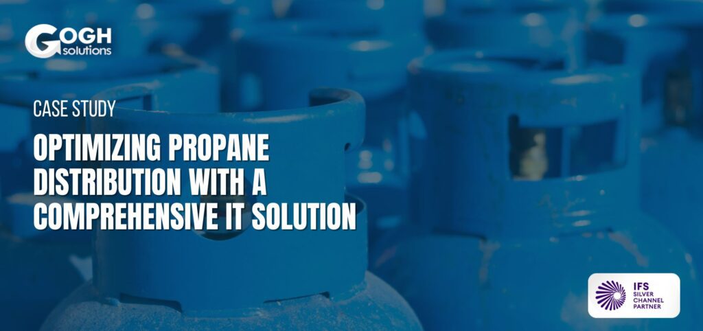 Case Study: Optimizing Propane Distribution with a Comprehensive IT Solution. The image shows a close-up view of blue propane tanks with the Gogh Solutions logo at the top and the IFS Silver Channel Partner badge in the corner.