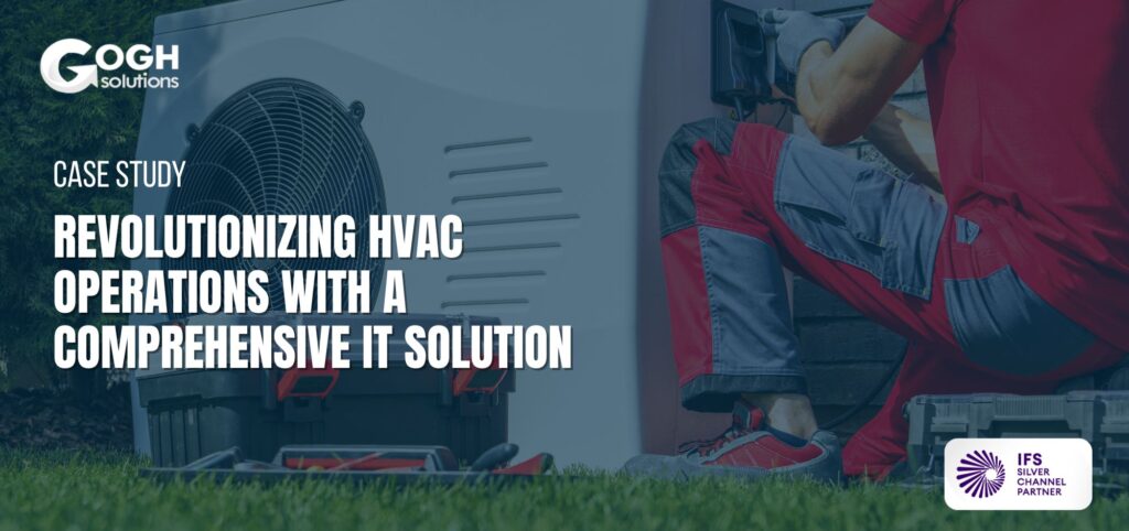 Case Study: Revolutionizing HVAC Operations with a Comprehensive IT Solution. The image shows a technician working on an HVAC unit outdoors, wearing red and gray workwear, with a toolbox in front.