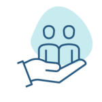 Supportive hand holding two people icons representing customer care, partnership, or team support.