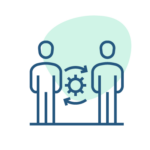 Two professionals standing with a gear and circular arrows symbolizing collaboration, workflow optimization, and continuous improvement.