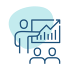 Presenter standing in front of a rising bar chart addressing a team, symbolizing performance growth, strategy, and results.
