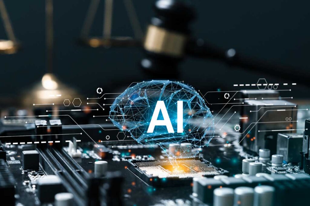 AI concept over microchip with digital network and gavel background