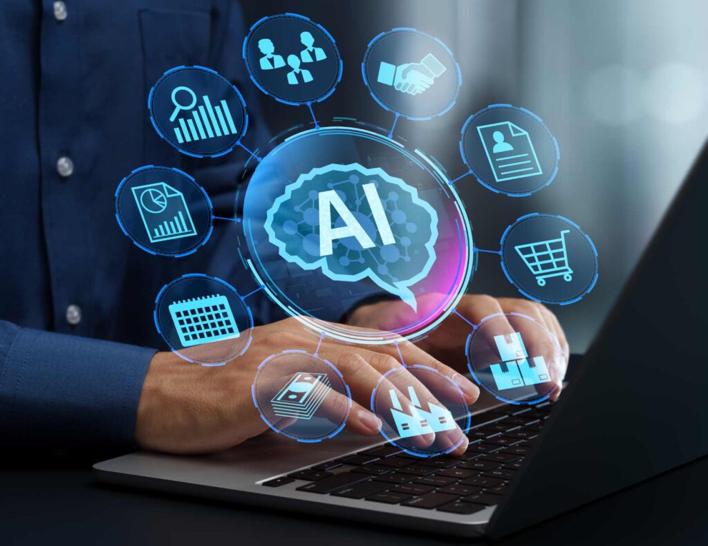 AI interface overlay with business icons on laptop screen