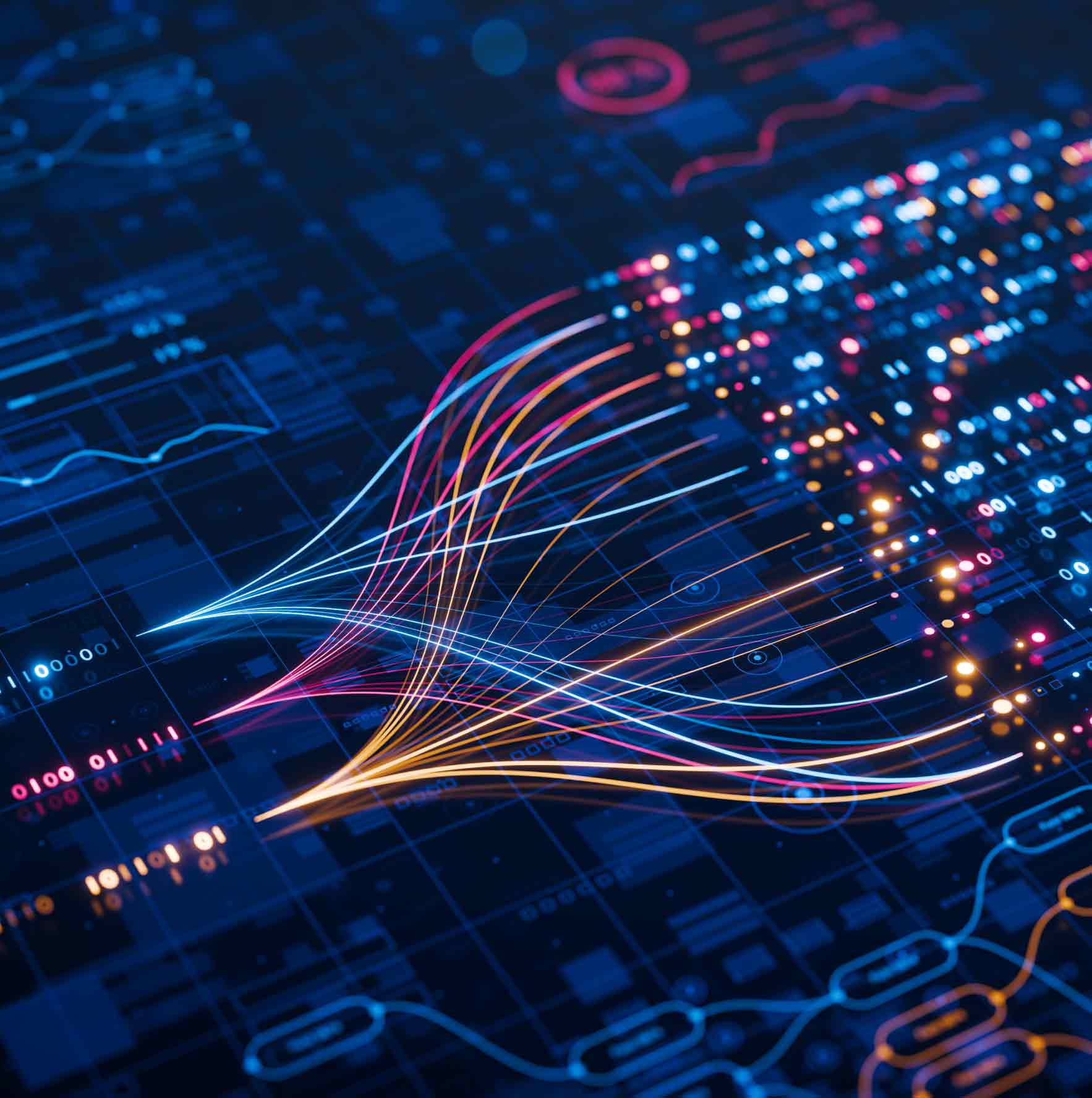 Abstract data flow with glowing network lines on dark background