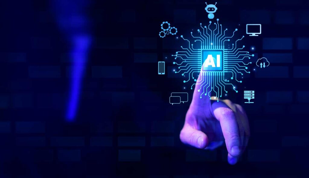 Hand interacting with AI interface showing digital chip and connected technologies